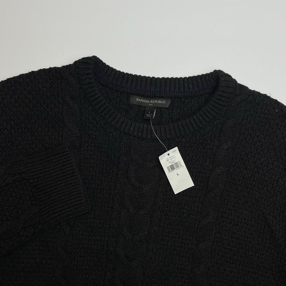 NEW‎ Banana Republic Crewneck Sweatshirt Mens Large Black Cable Knit Wool Blend